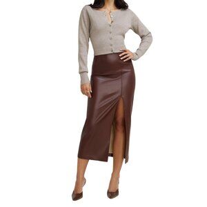 Faux Leather Midi Pencil Skirt – Chocolate Burgundy, Size L
